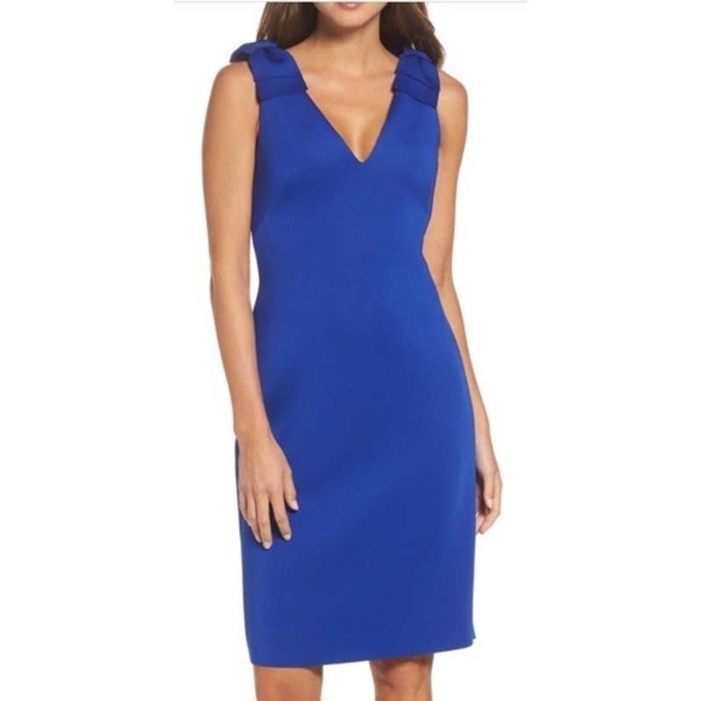 Eliza J Bow Shoulder Neoprene V-Neck Sheath Cocktail Dress Royal Blue Size 6 NWT